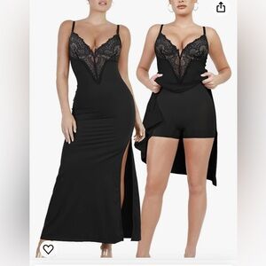 Popilush Shapewear Dress deep v neck cocktail lace satin bodycon slip black XXL